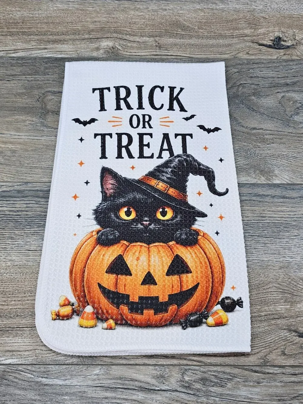 Trick or Treat Halloween Kitchen Towel Black Cat Pumpkin Farmhouse Decor
